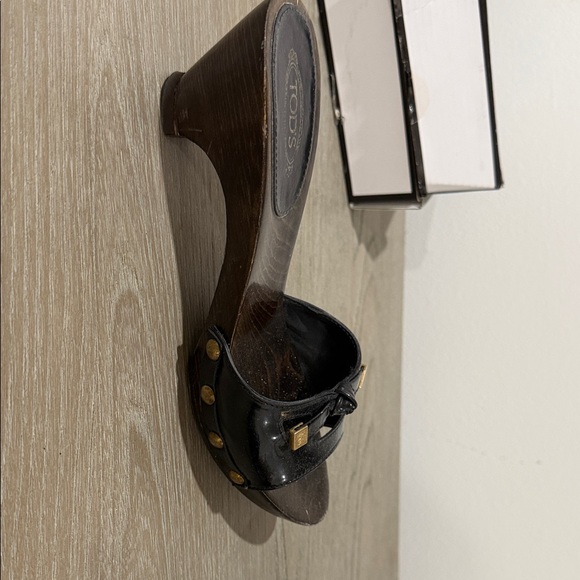 Tod's Shoes - Tod's Black patent Leather Mules with Gold Accents